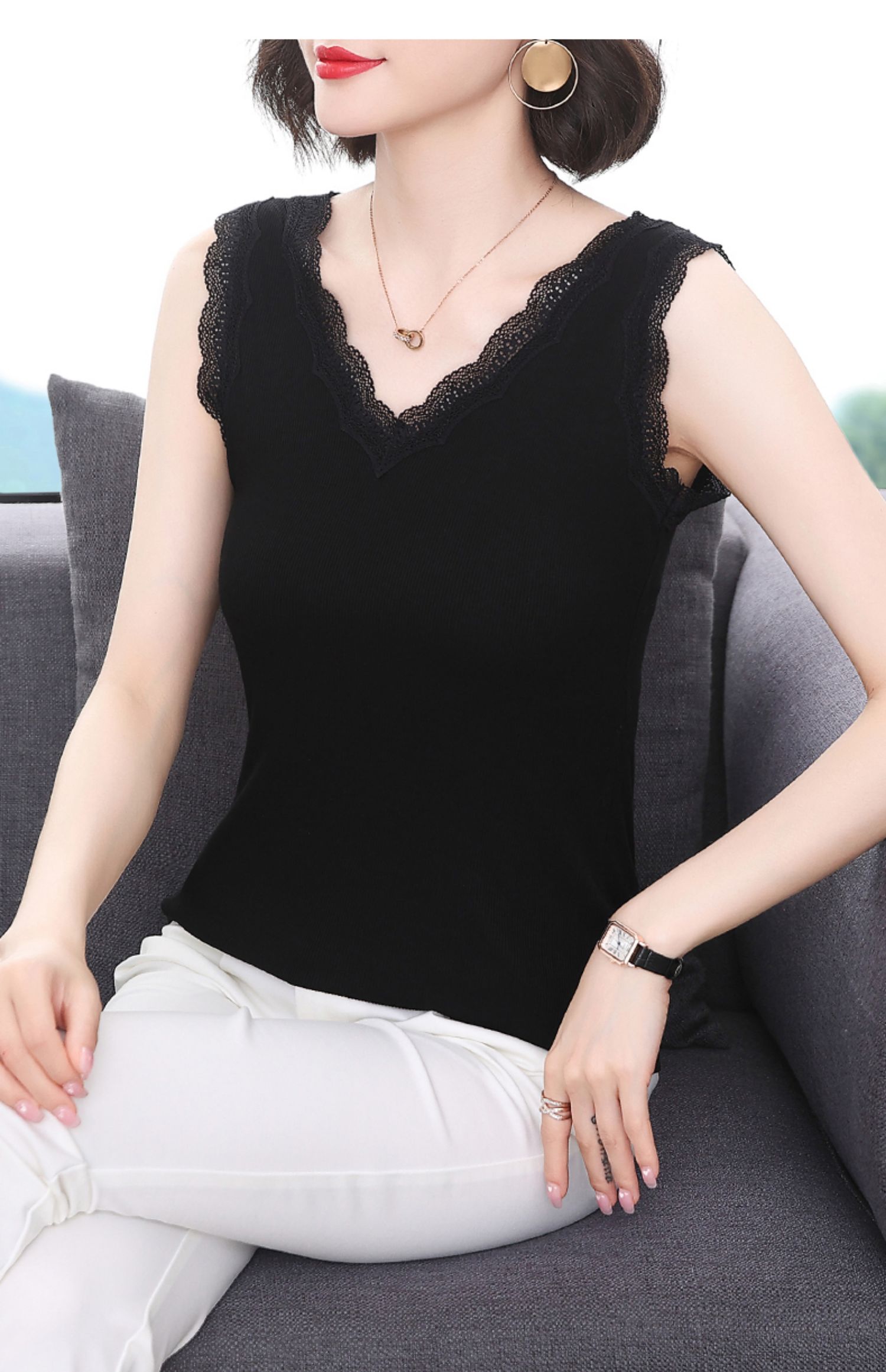 恒源祥高端轻奢大码吊带背心女内搭薄款黑色蕾丝打底衫宽松女士冰丝