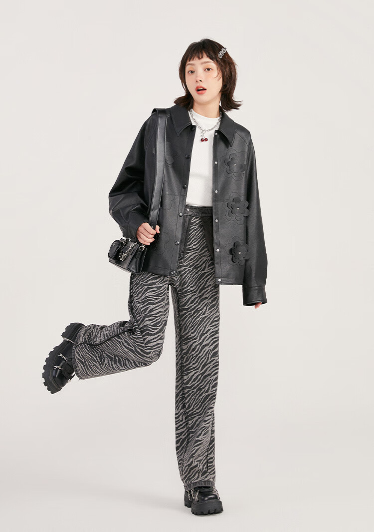 乐町潮酷牛仔裤女2021年新款早秋斑马纹两面穿黑色牛仔裤女 深灰(现货