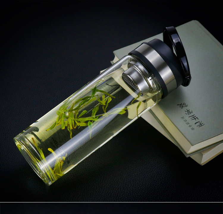 卧龙水杯水杯男单层加厚耐热玻璃杯便携大容量车载过滤随手运动泡茶杯