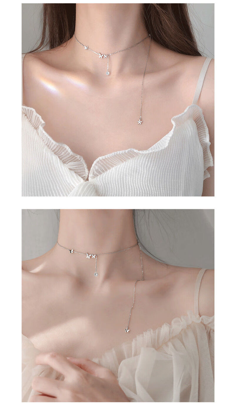 新款百搭蝴蝶锁骨链女超仙森系气质项链吊坠女轻奢小众设计感银色翅膀