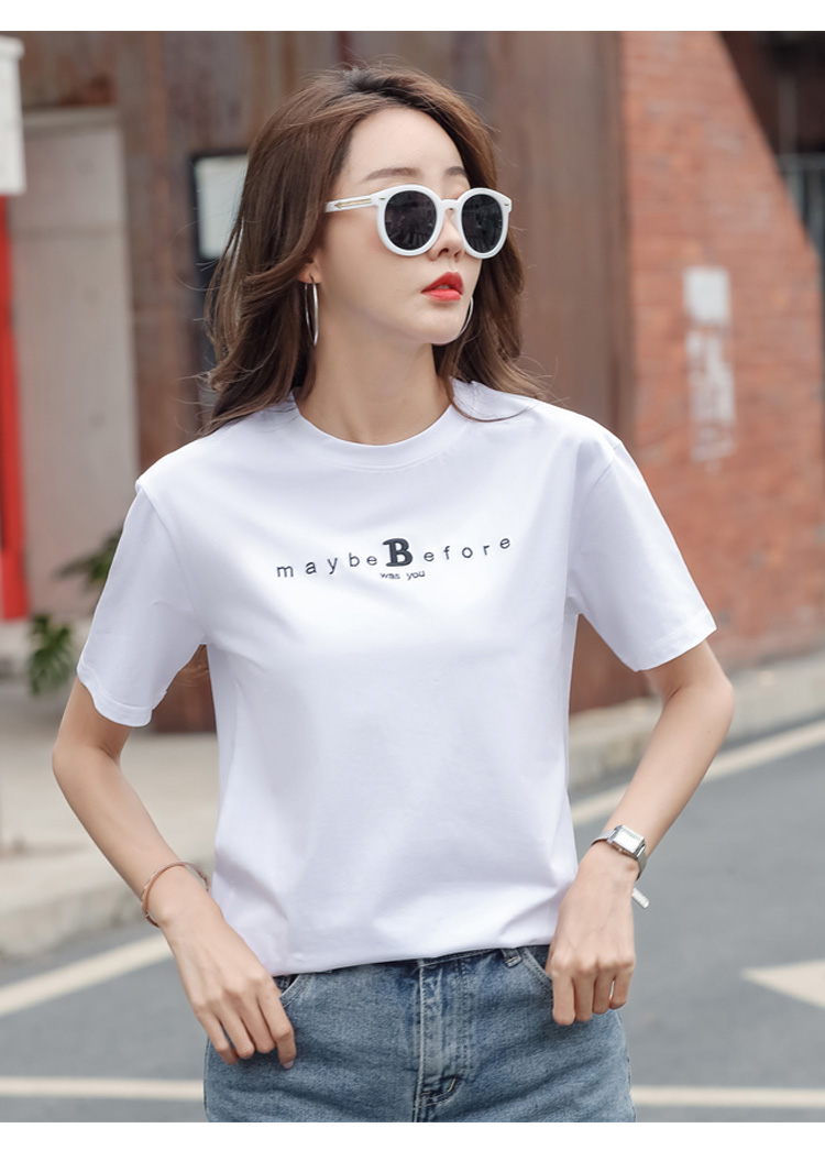 谷卓诗 圆领宽松绣花字母短袖t恤女亲水冰瓷棉时尚休闲百搭半袖体恤衫