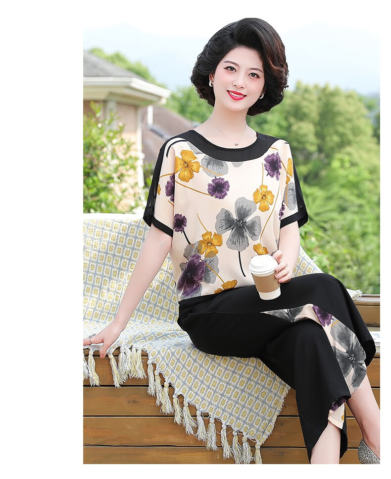 谷缇娜中年妈妈装夏装印花套装洋气50岁中老年女人夏季大码短袖t恤