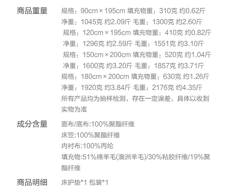 27，水星家紡A類抗菌澳洲羊毛牀護墊牀笠式 可折曡榻榻米保護墊吸溼軟牀褥子 熱力煖·吸溼發熱羊毛牀護墊 120cm×195cm