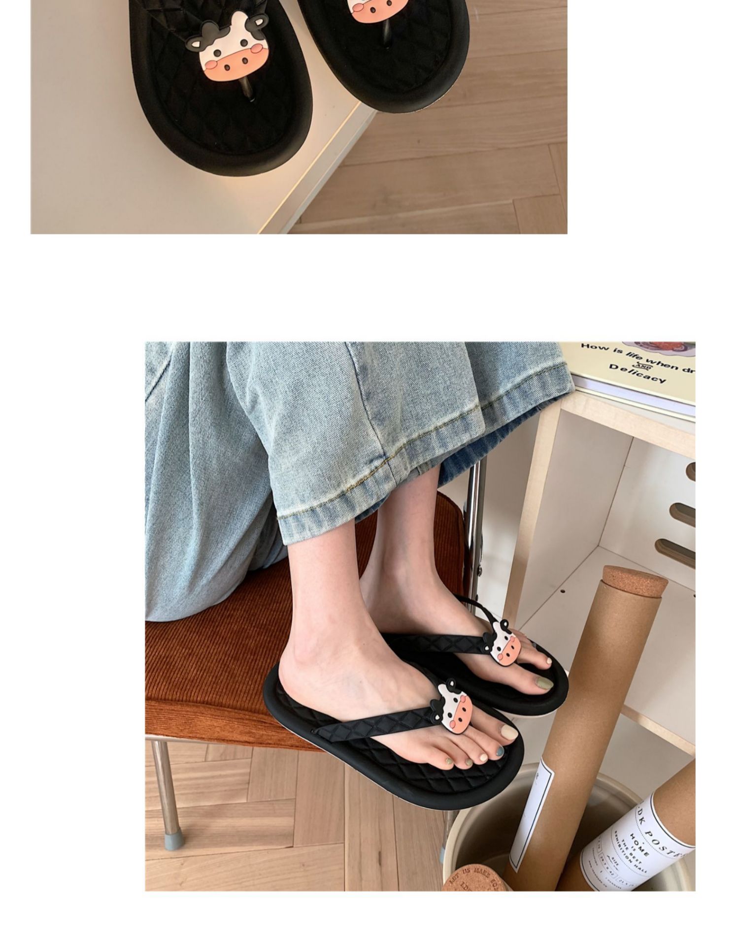 初中生人字拖女平底学生少女生可爱卡通女夏居家夹脚浴室洗澡海边沙滩