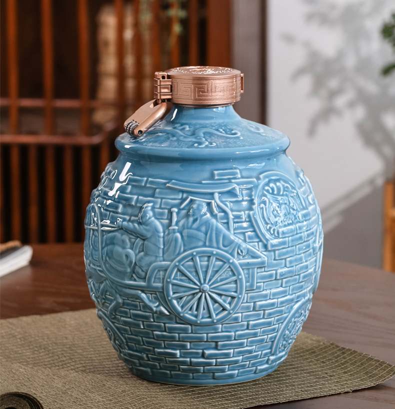 空酒坛子陶瓷密封装饰酒罐散酒家用雕刻私藏酒瓶陶瓷5斤天蓝出征酒坛