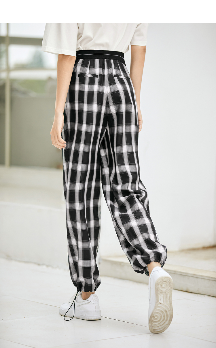 伊芙丽醋酸裤子女夏季薄款格子裤女ins束脚裤显瘦宽松直筒休闲裤 黑色