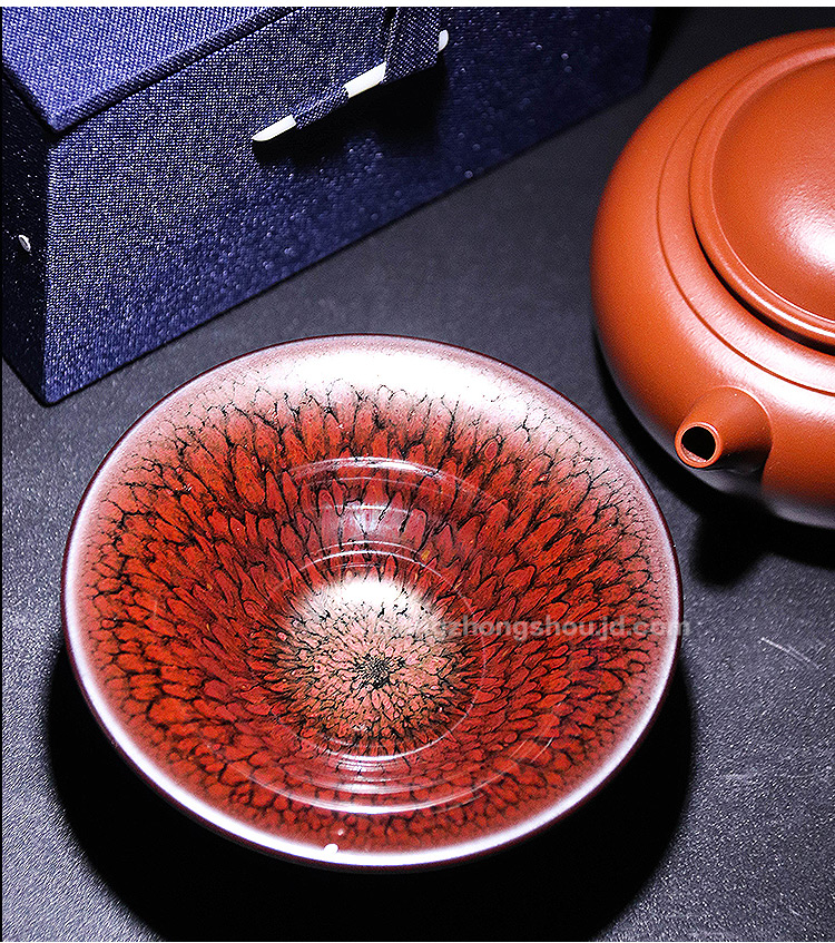 弓虽建盏茶杯鹧鸪斑茶盏红色主人杯手工铁胎撇口品茗杯红鹧鸪撇口