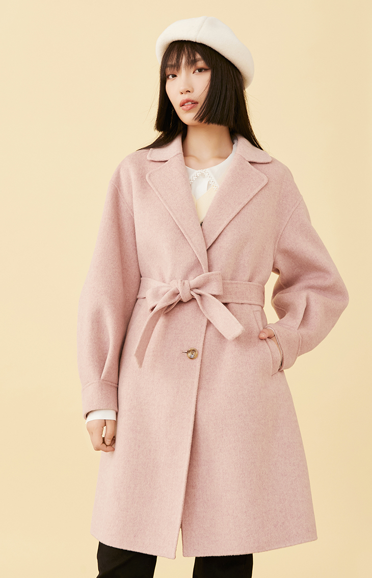 新款含羊毛直筒宽松中长款毛呢大衣女121327005 a15 浅桃粉色peach