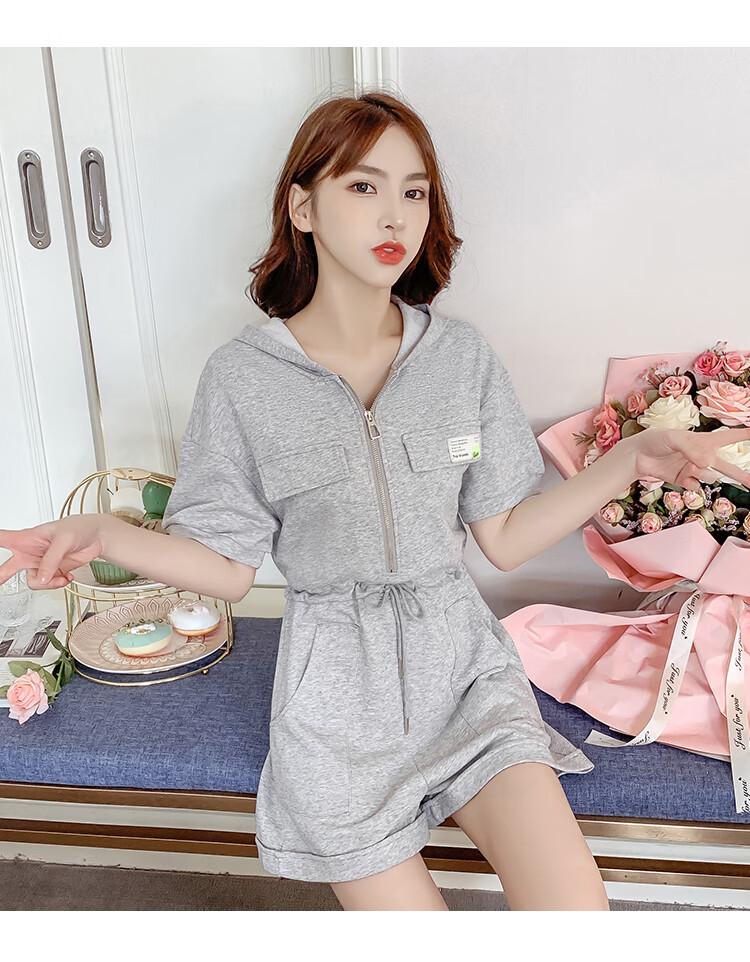 kouxian韩版夏季小个子连体衣女装休闲运动工装连帽短袖连身连体短袖