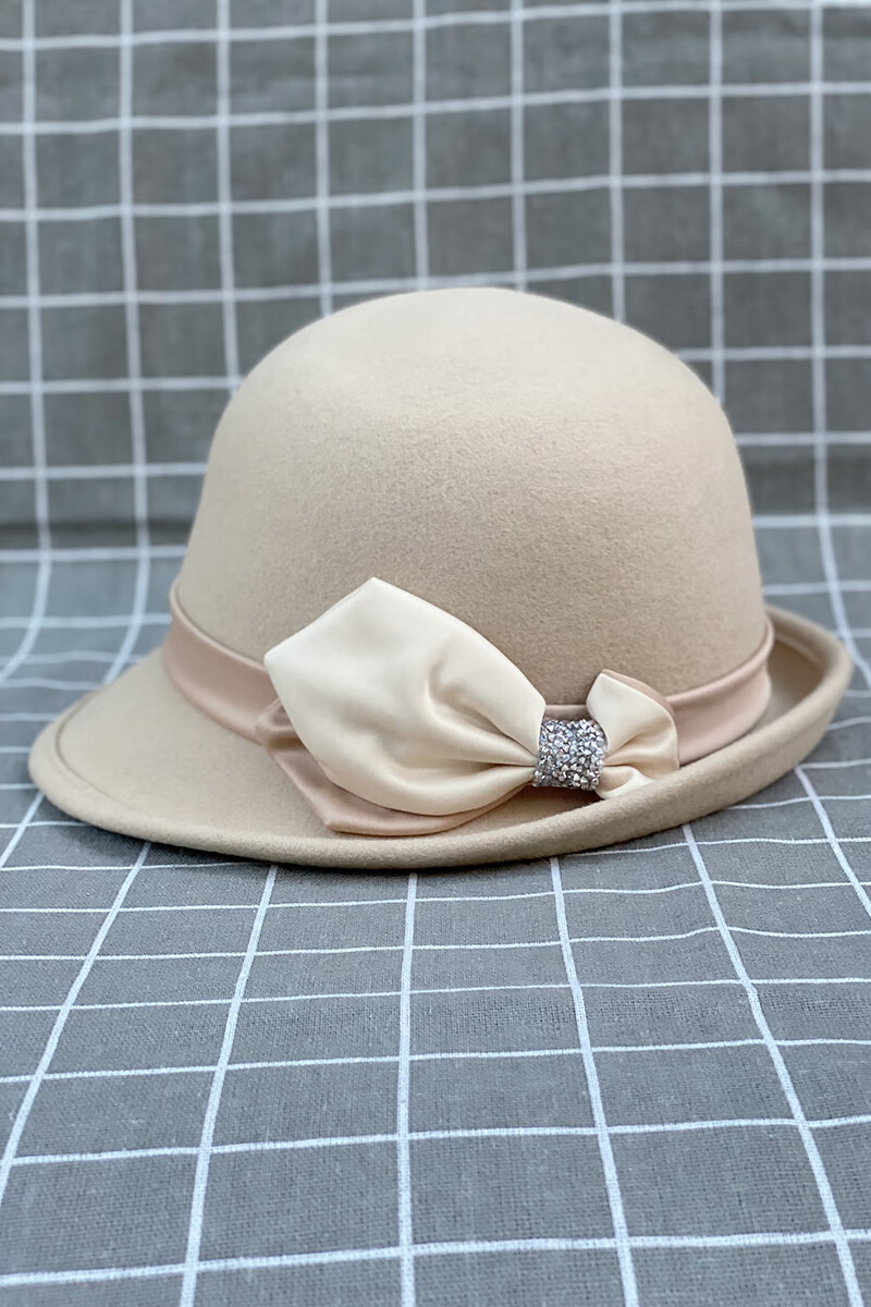 yunsijun 秋冬新款优雅复古羊毛呢圆顶卷沿小礼帽女士时尚蝴蝶结碎钻