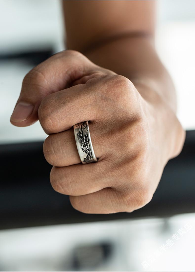 星云集【时尚优选】925银戒指男潮人配饰篆刻水墨山水画diy手工制作