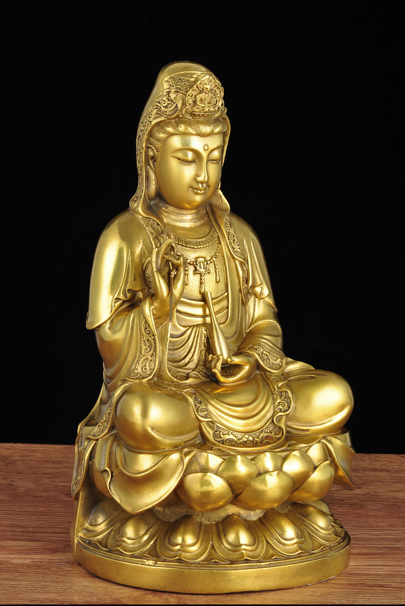 铜观音佛像摆件供奉家用观世音菩萨家居客厅佛堂寺庙供奉工艺品 30cm