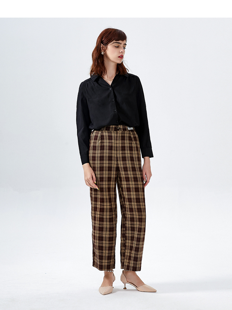 三福2021秋季女轻熟格纹褶皱设计衬衫舒适上衣女445281 米白 160/84a