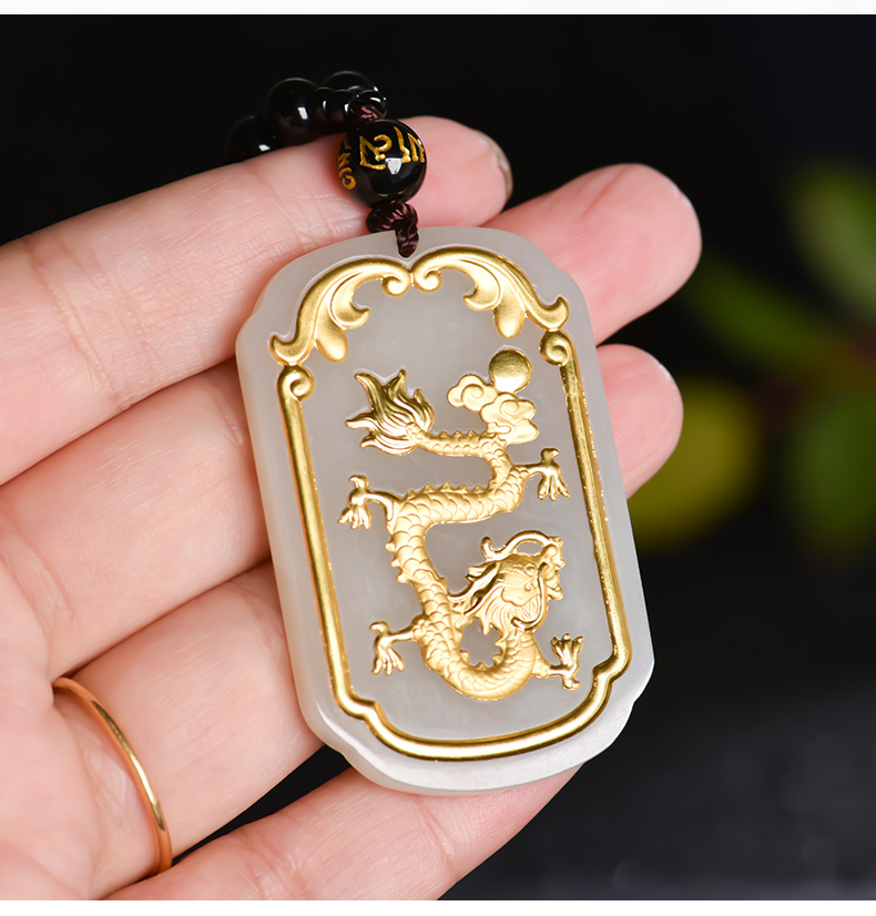 昆玉谣金镶玉龙牌吊坠龙凤牌挂坠男女款天然和田玉白玉情侣挂件送证书
