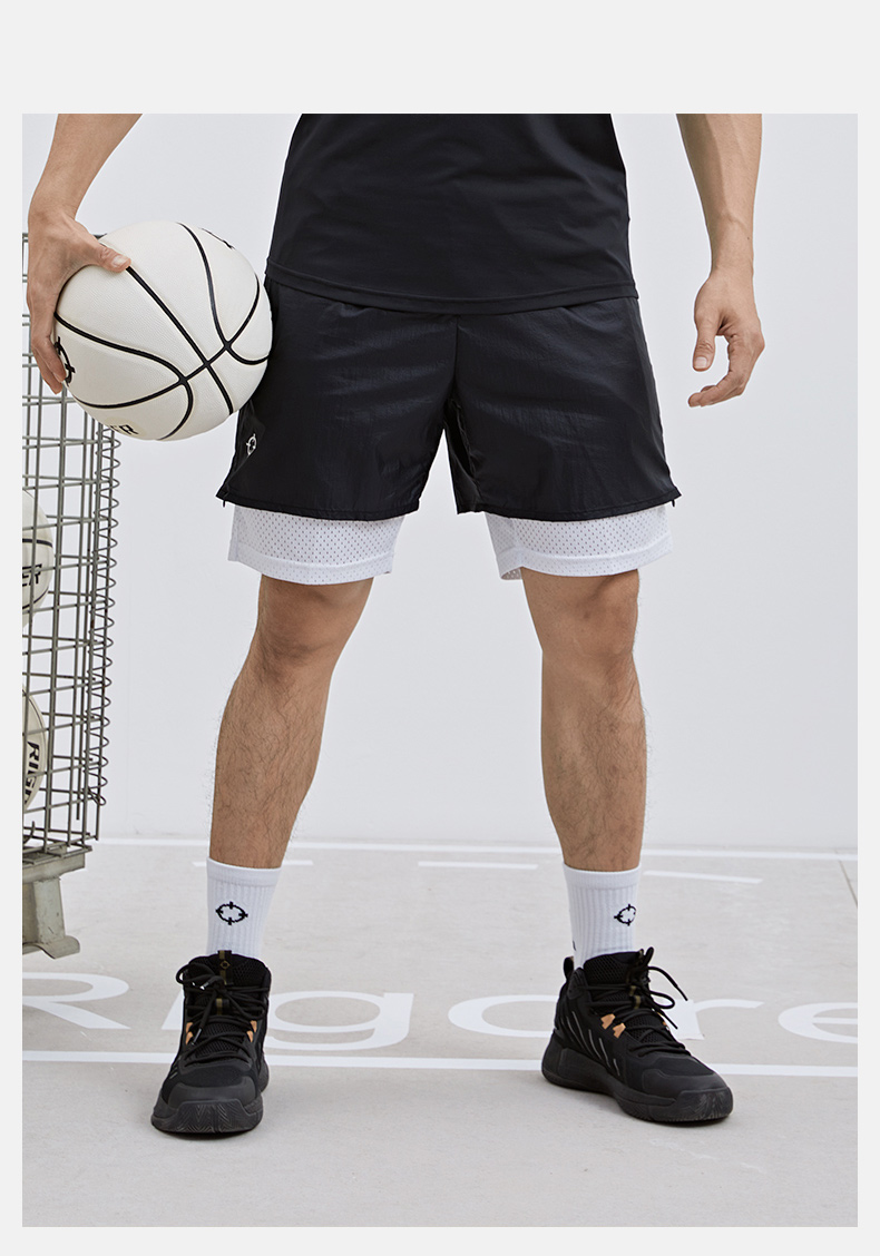 准者新款梭织运动短裤男假两件篮球跑步训练透气轻薄网眼短裤纯白色