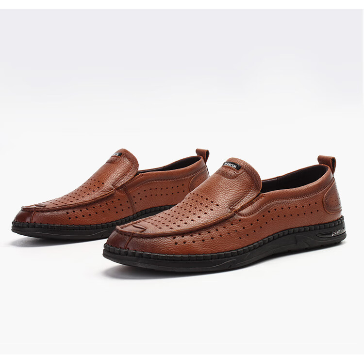 意尔康男鞋凉皮鞋男平底2022年新款夏季男士镂空皮凉鞋棕色透气休闲
