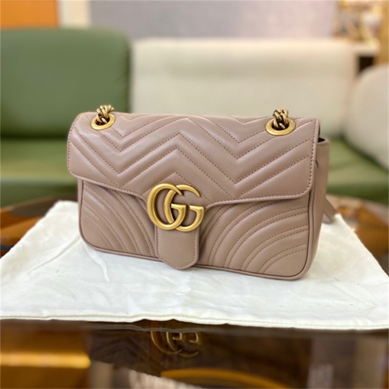 二手99新古驰guccimarmont26奶茶色女士单肩包斜挎包链条包99新单肩斜