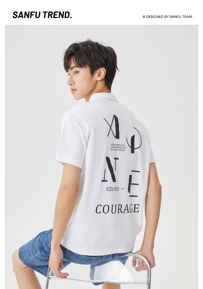 三福2022夏男士字母印花短t恤时尚宽松polo翻领上衣男4