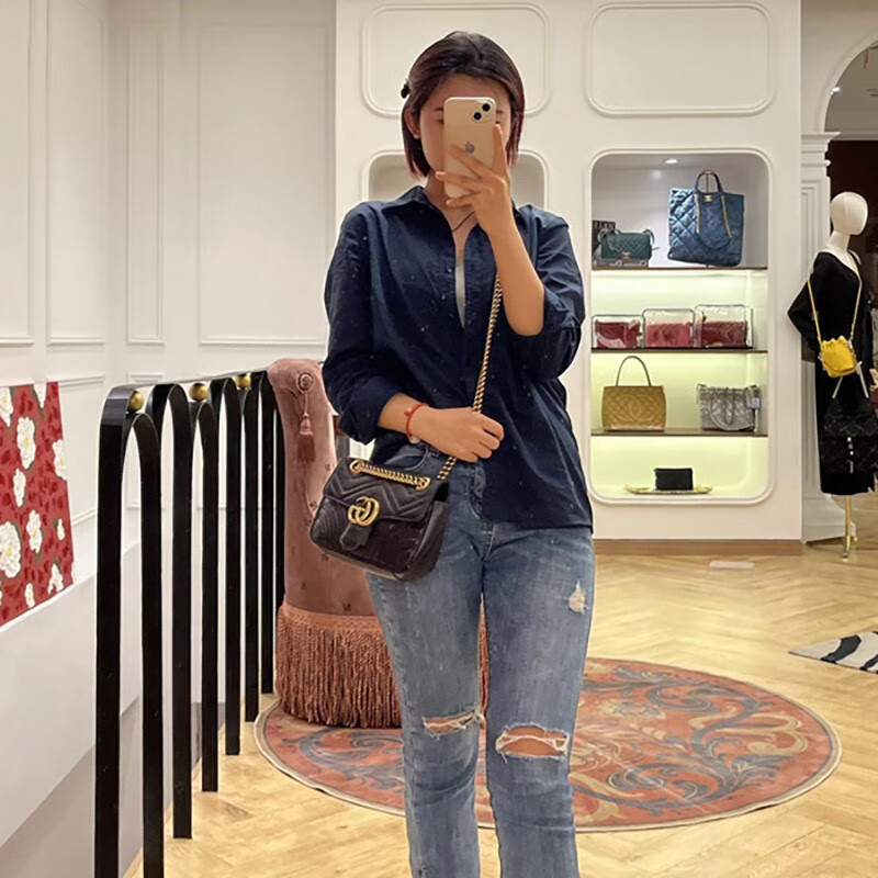 【二手99新】gucci古驰女包 marmont系列马蒙22黑金牛皮gg金扣百搭