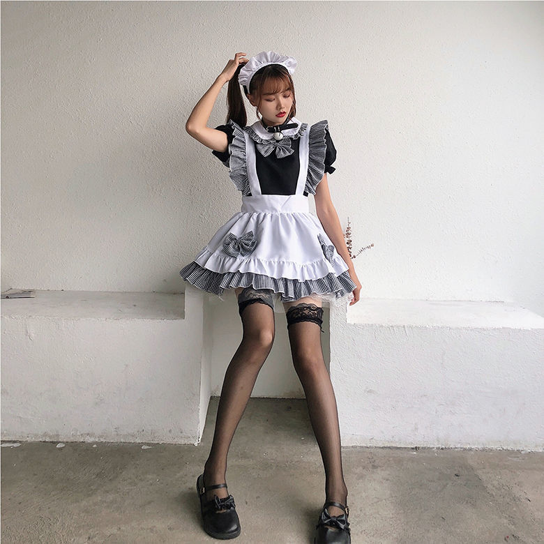 女仆装可爱萌系洛丽塔ita公主套装 cosplay黑白格蝴蝶结送头饰 全套