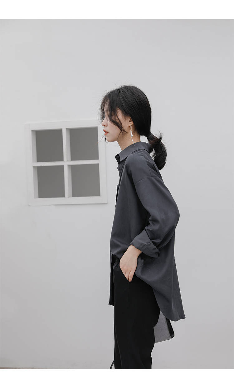 冷淡风复古质感垂感灰色衬衫女宽松长袖慵懒春秋外套港味百搭衬衣sn