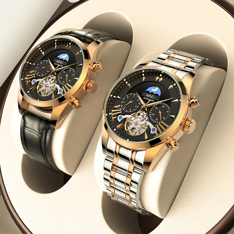 mno梦梭机械表男全自动双面镂空商务手表陀飞轮夜光防水月相多功能