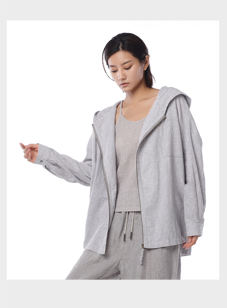 竹林石屋短外套春款开衫连帽上衣亚麻宽松通勤2022年商场同款格纹显瘦
