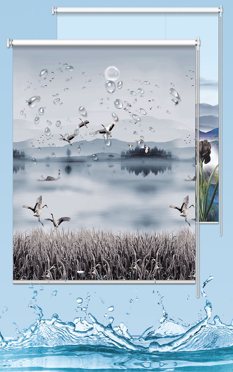 卷帘窗帘遮光升降手拉窗帘浴室免打孔窗帘成品新款风景水墨山水画