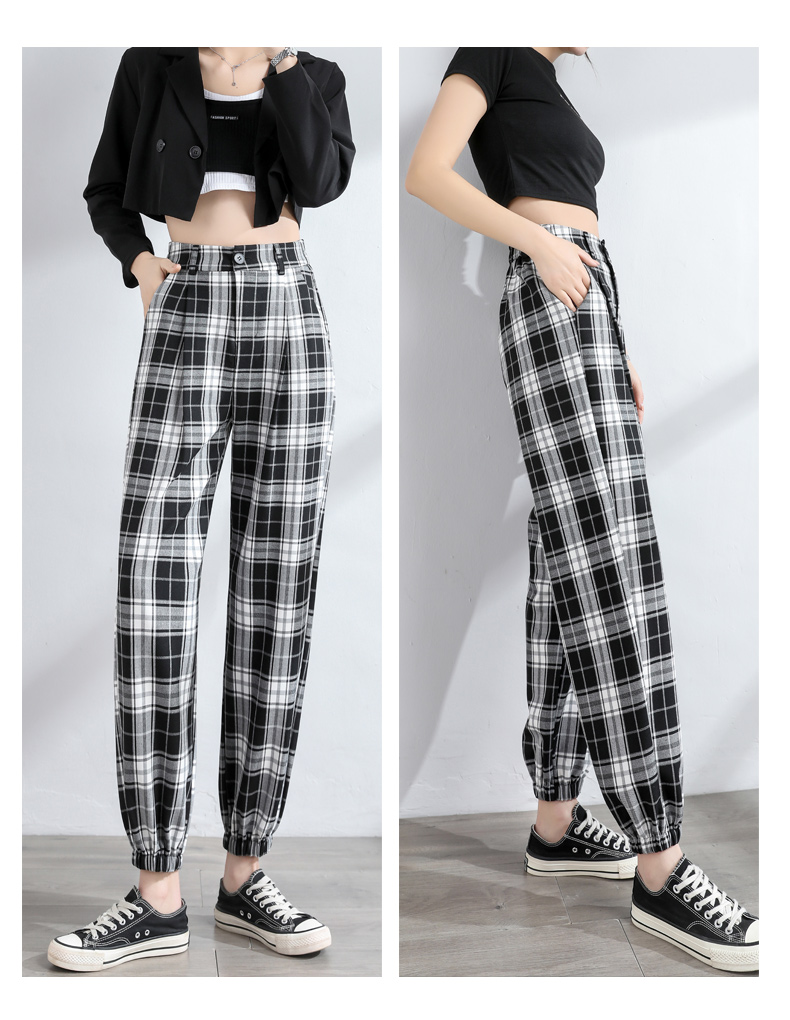 朵粉儿休闲格子裤女夏季薄款黑白宽松束脚九分哈伦裤网红格纹阔腿萝卜