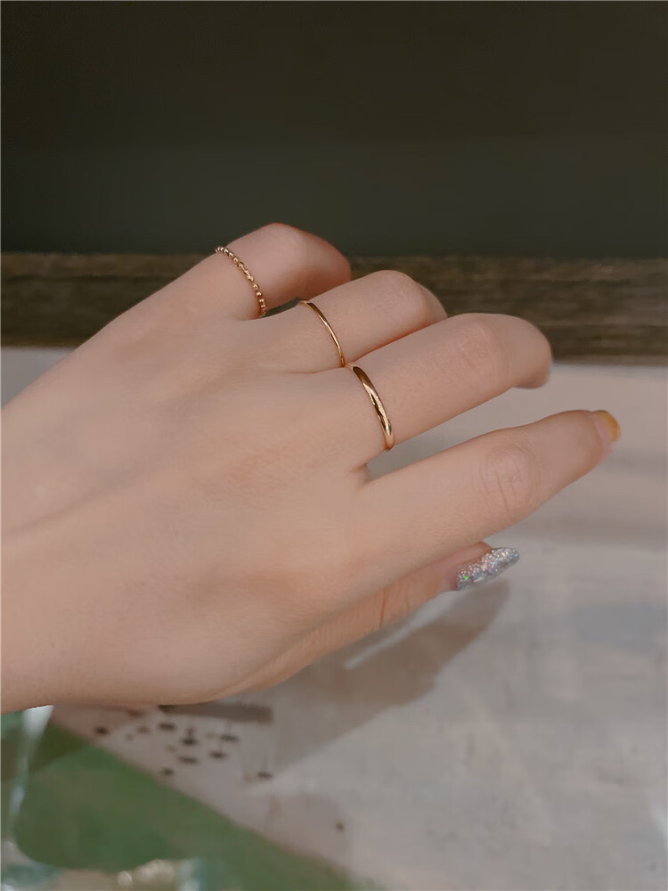 叠戴百搭极简素圈金戒指韩国金14k金黄金纤细款1mm光圈尾戒指环荣宾