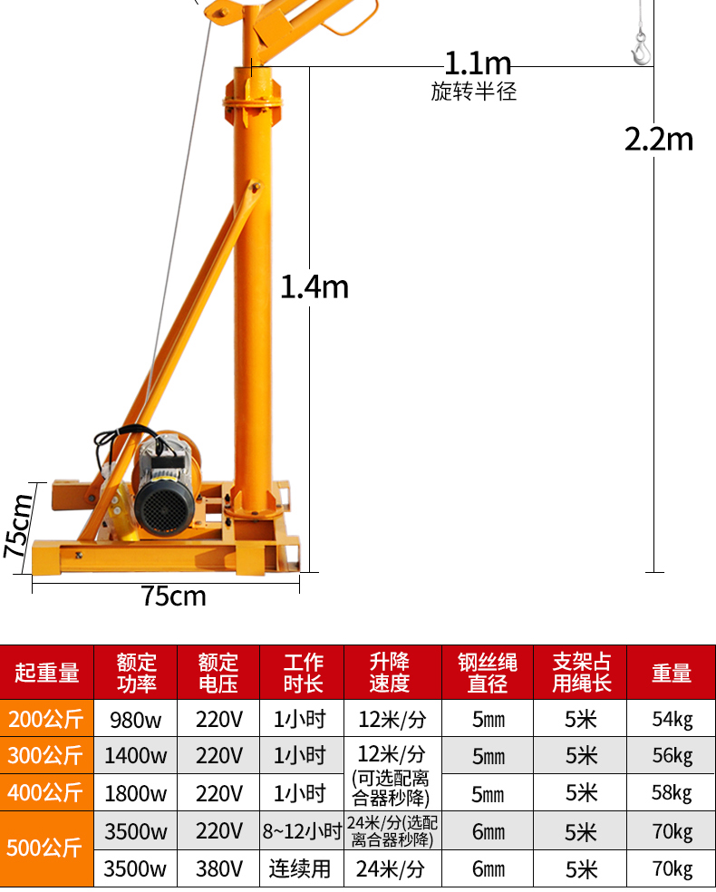 電動葫蘆220v電機建築裝修上料機升降起重機500公斤30米繩220v快速