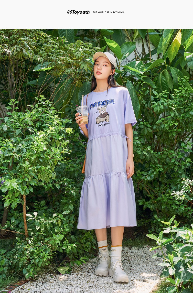 初语连衣裙女2021夏季新款潮卡通印花抽绳收腰拼接纯棉短袖中长裙棕绿