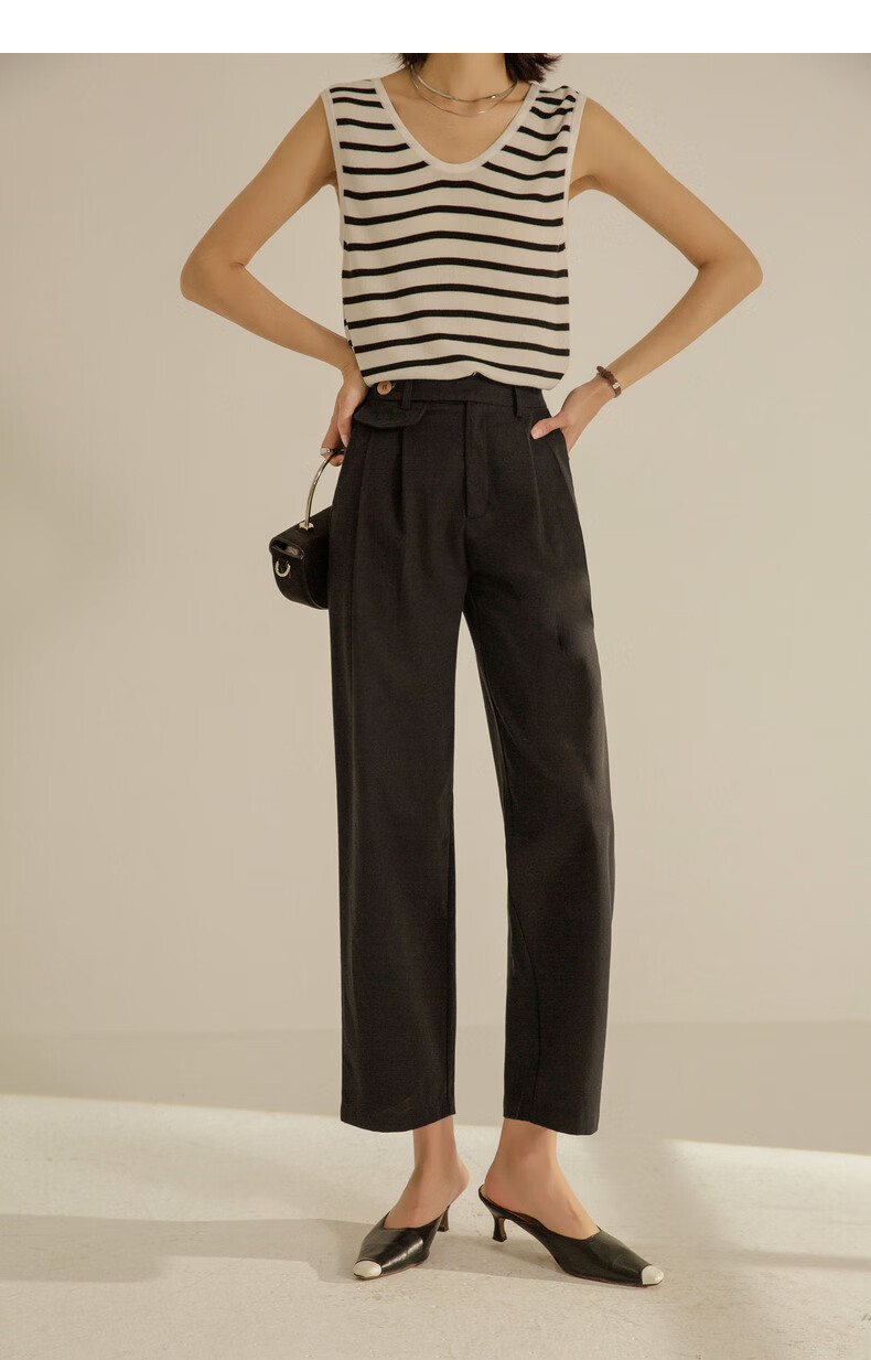 anneklein褶皱通勤休闲裤女2021年秋季新款宽松收腰显瘦直筒裤卡其色m