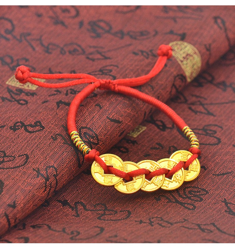 碧霓珠宝黄金手链3d硬足金9999五帝钱铜钱手链百搭彩绳手串五帝钱黄金