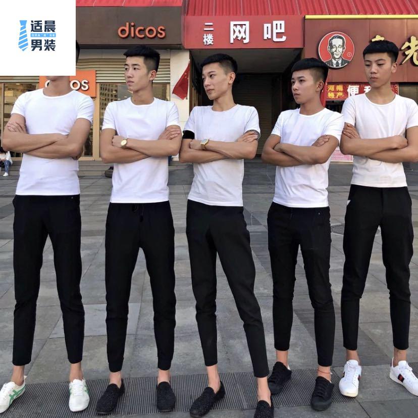 bizhan国潮男装社会精神小伙日系风裤男黑武士裤子痞帅束脚紧身小脚裤