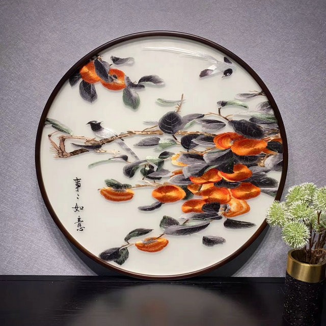 苏州刺绣80一米圆带框成品装饰画挂画玄关走廊餐厅挂画苏绣湘绣银杏鱼