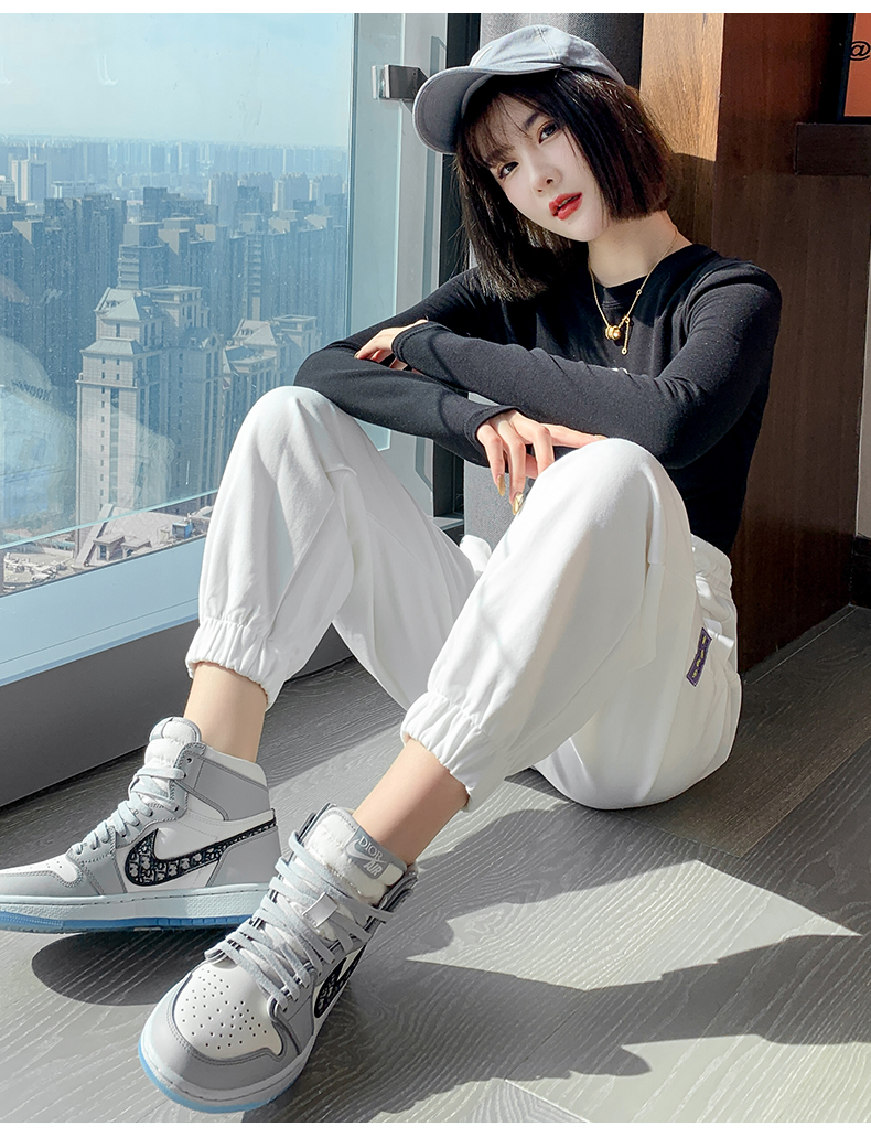 朵沐缦运动裤女束脚系带松紧腰白色卫裤时尚百搭潮流休闲裤宽松显瘦