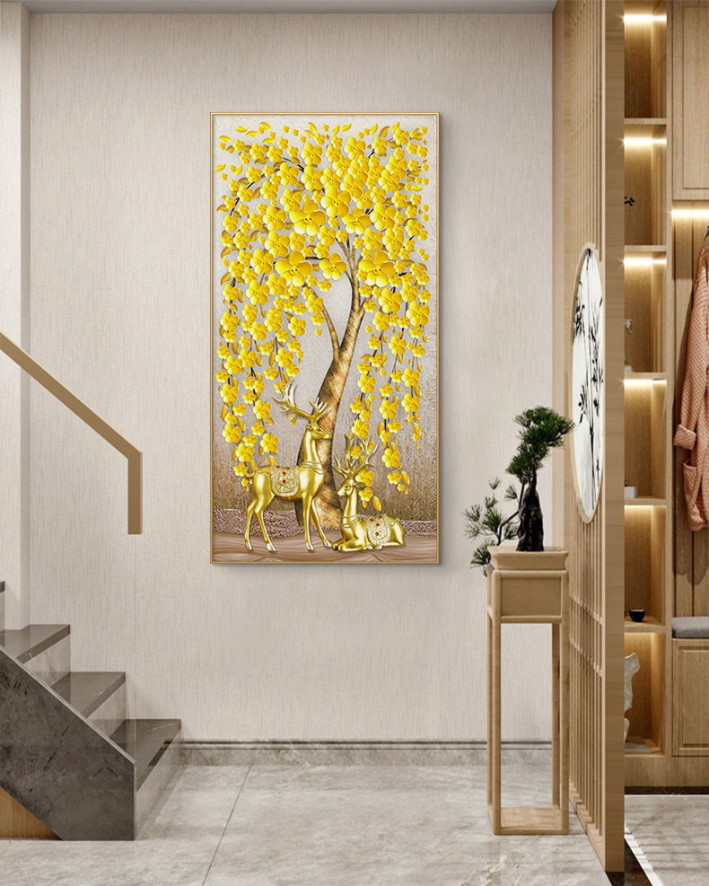 艺美吉舍玄关装饰画入户风水招财发财树鹿壁画客厅走廊过道竖版挂画