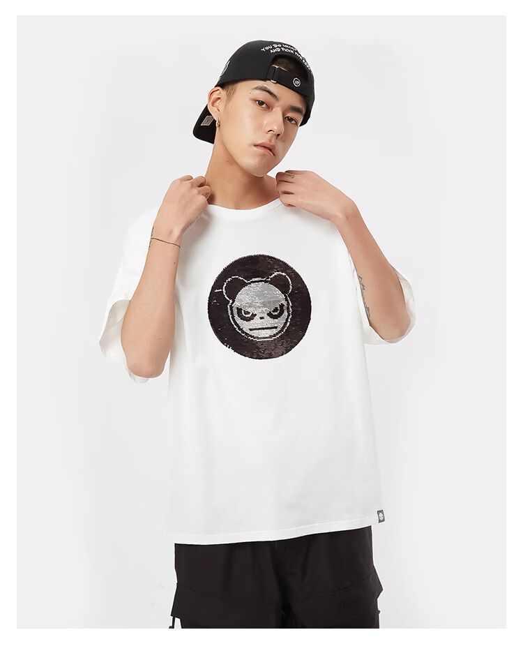hipanda你好熊猫男式t恤男双面亮片熊猫头t美式街头设计国潮灰蓝色170