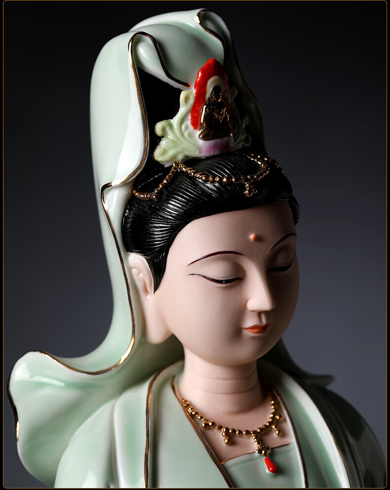 戴玉堂 青瓷观音菩萨佛像摆件 步步生莲陶瓷坐莲观世音娘娘家用供奉