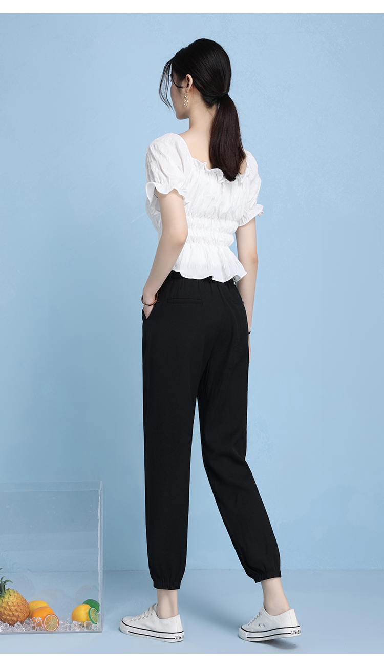 梦舒雅女裤亚麻休闲裤女2021夏季高腰修身百搭九分小脚哈伦裤33驼色29