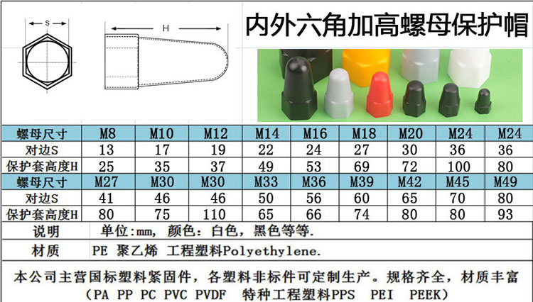 【m8-m49】加高款螺丝螺栓保护套六角螺母保护帽 地脚螺栓保护帽 m12