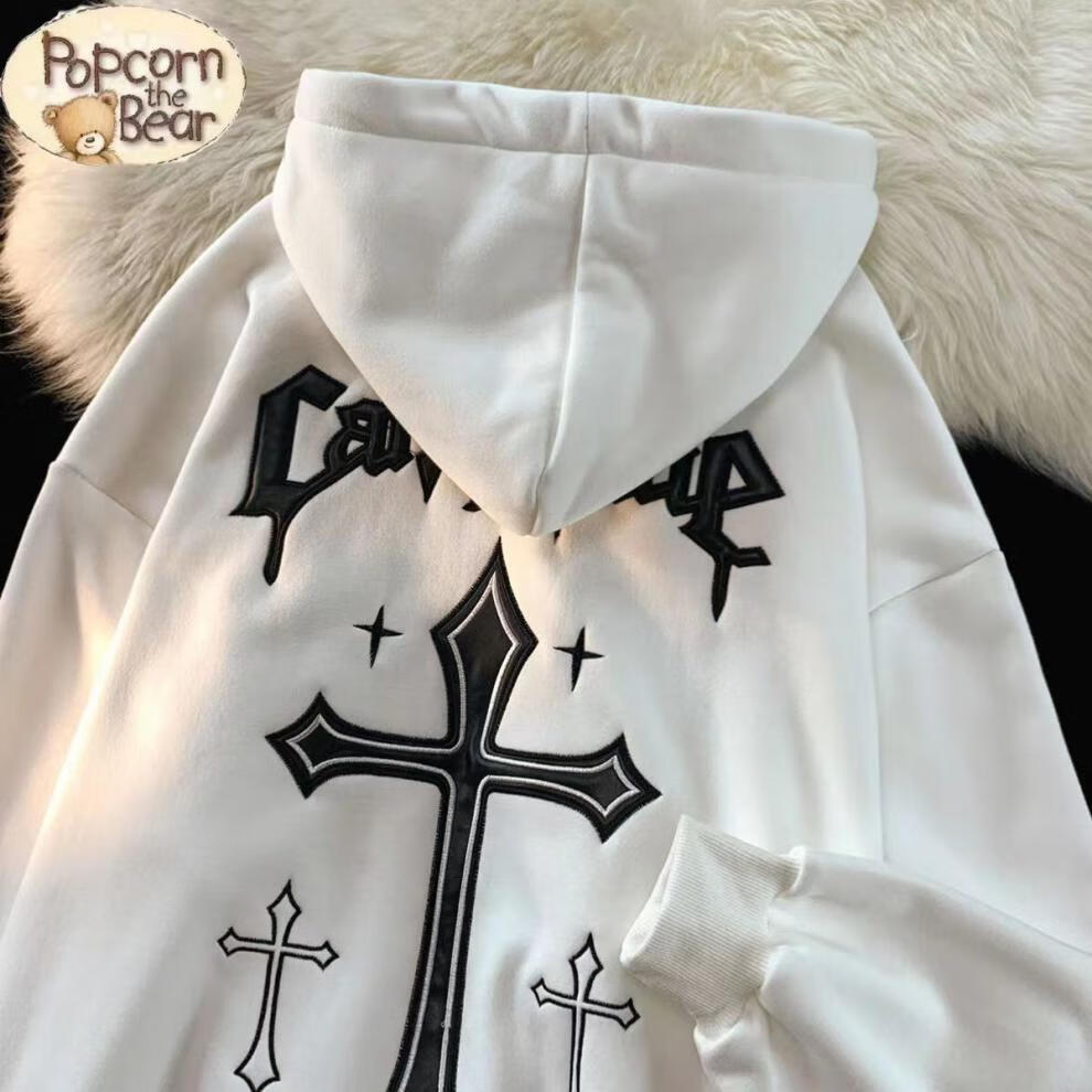克罗心popcorn the bear美式潮流十字架连帽卫衣男女秋冬装垂坠宽松