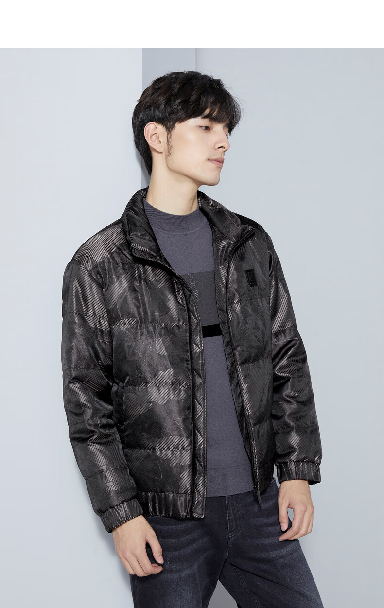 利郎轻薄羽绒服男短款提花时尚含桑蚕丝冬季新款保暖羽绒外套 深灰紫