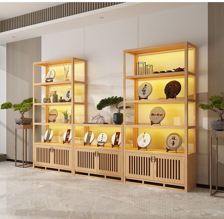亲品实木茶叶柜紫砂壶展示柜产品置物货架玄关摆件柜中式复古瓷器展柜
