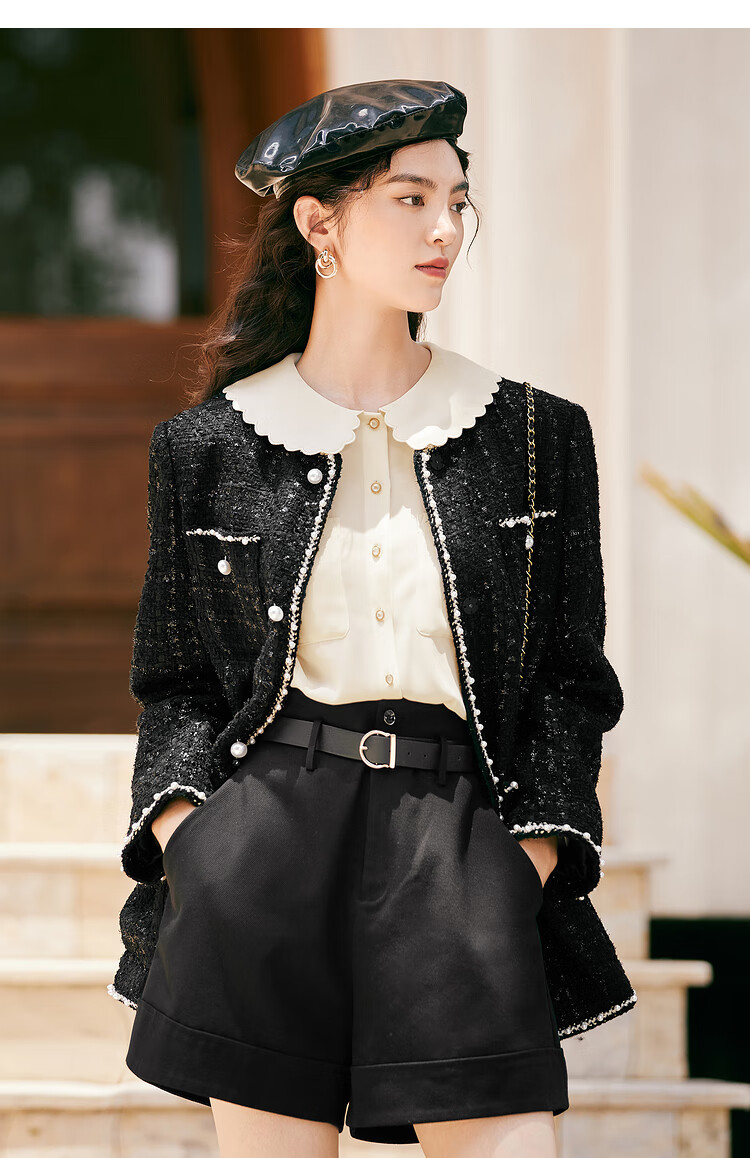 伊芙丽小香风外套女春秋2021新款格纹粗花呢秋季外套 黑色 160/84a/m