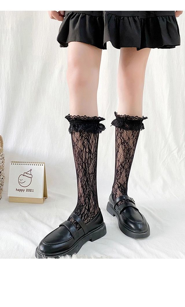 袜子小腿袜女蕾丝洛丽塔夏季薄款花边袜子白丝袜半腿中筒袜白色蕾丝