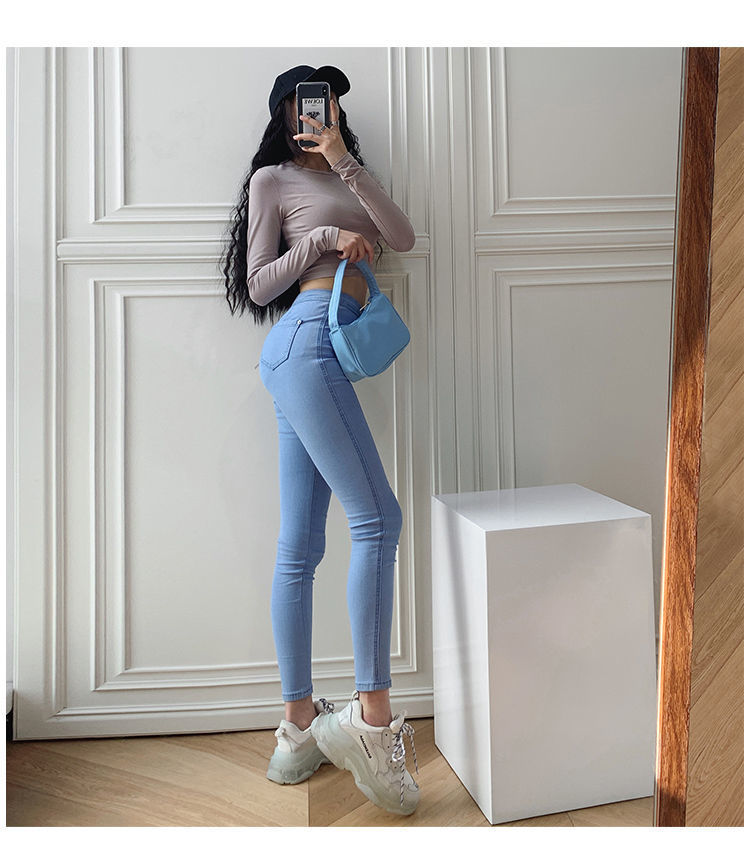 牛仔小脚裤女夏季高弹力紧身牛仔裤薄款女美式高腰弹力牛仔裤女春秋