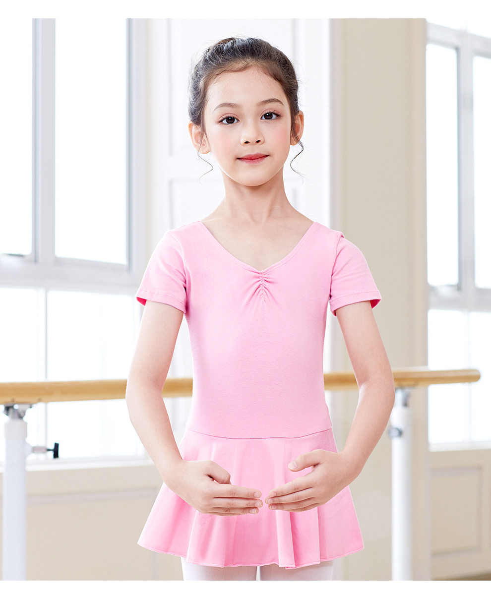 艾舞戈儿童舞蹈服夏季女童芭蕾舞裙练功服幼儿表演棉裙考级舞蹈服粉色