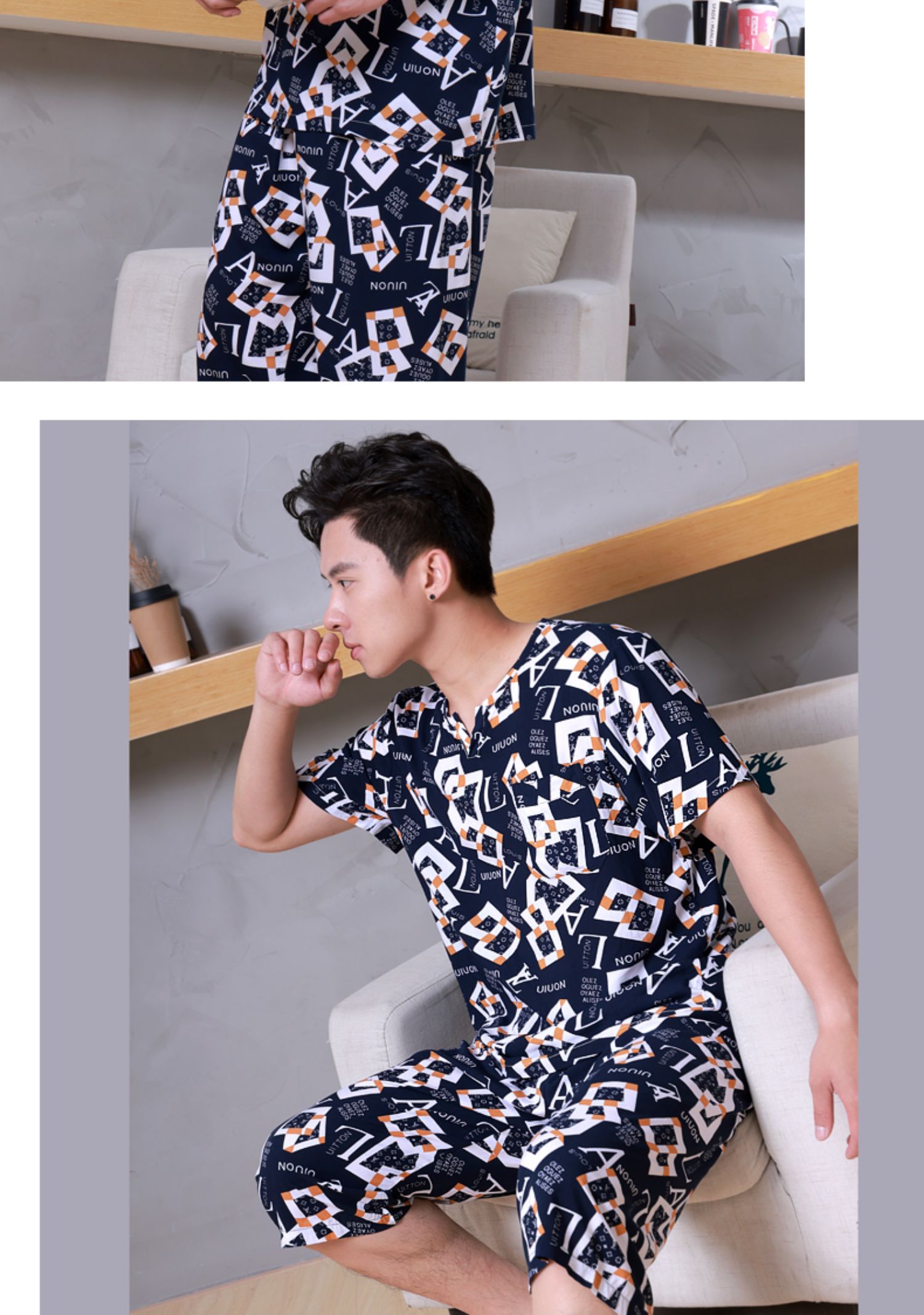 新品 男士棉绸睡衣套装夏短袖七分裤绵绸睡衣家居服青年可外穿沙滩装